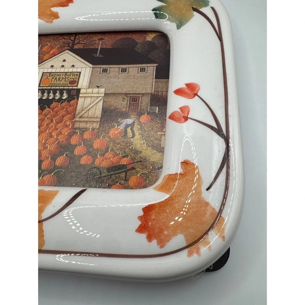 Folk Art Pumpkin Harvest Ceramic Picture Frame Autumn Leaves Bread Butter Farms